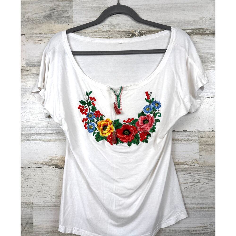 Unbranded Womens XL White Multi Floral Embroidered Short Sleeve Soft Boho Blouse